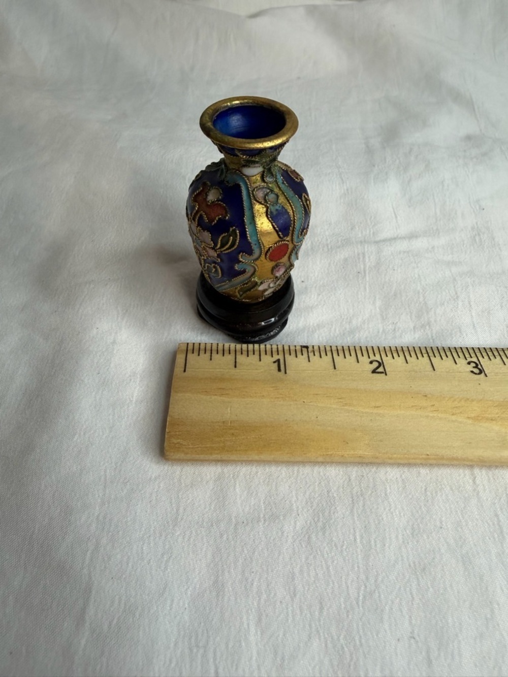 Vintage Mini Cobalt Blue Cloisonné Vase with Wood Stand - 2" Floral Enamel - Picture 8 of 10